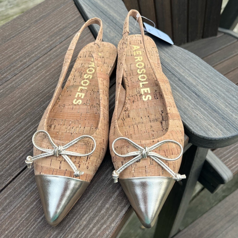 Aerosoles Women Cork Slingback Flats Silver Pointed Toe Bow Detail Size 9 - Picture 2 of 6